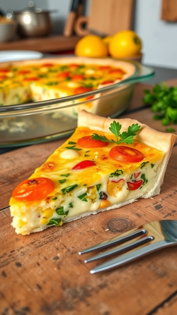 A slice of savory quiche in a 9x13 pan, filled with eggs, cheese, and vegetables, garnished with herbs.